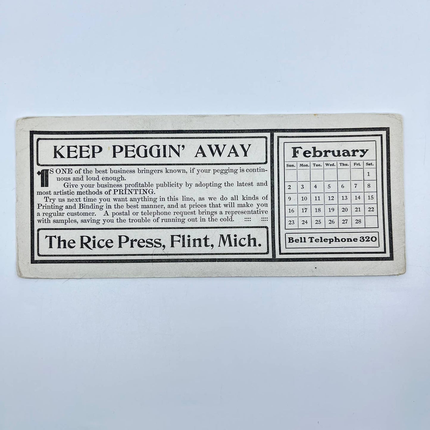 1920s Blotter Card Calendar Keep Peggin Away - The Rice Press Flint MI SC8