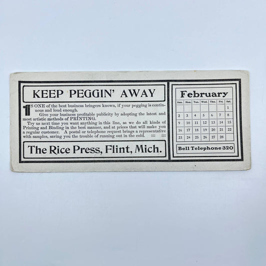 1920s Blotter Card Calendar Keep Peggin Away - The Rice Press Flint MI SC8