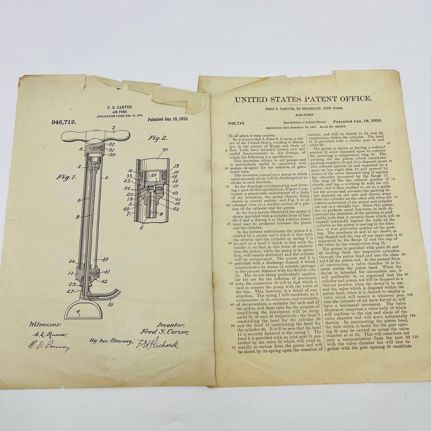 1910 US Patent F. S. Carver Air Pump Diagram and Document D1