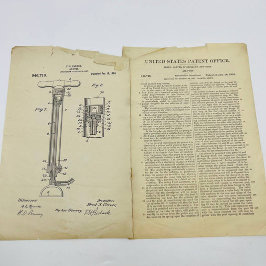 1910 US Patent F. S. Carver Air Pump Diagram and Document D1