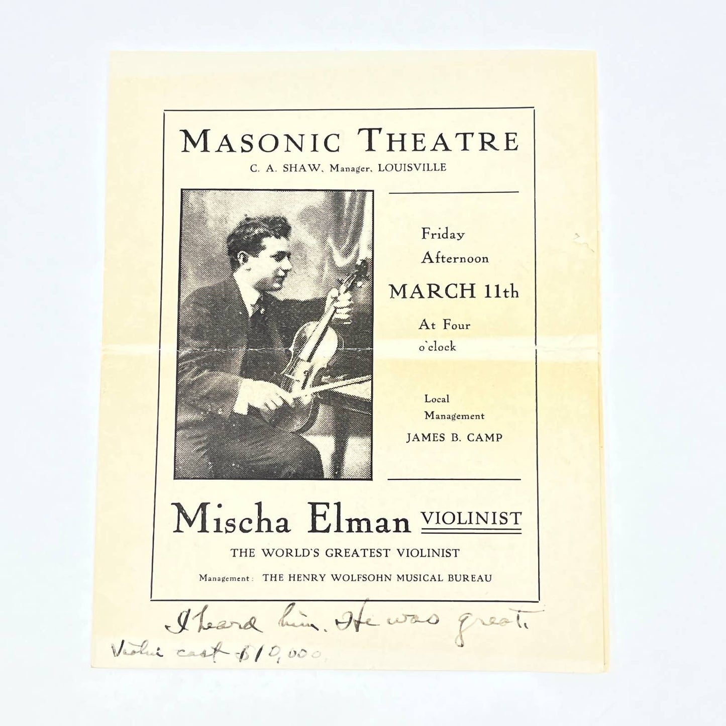1910 Masonic Theatre Louisville Mischa Elman Violinist Concert Program AB9