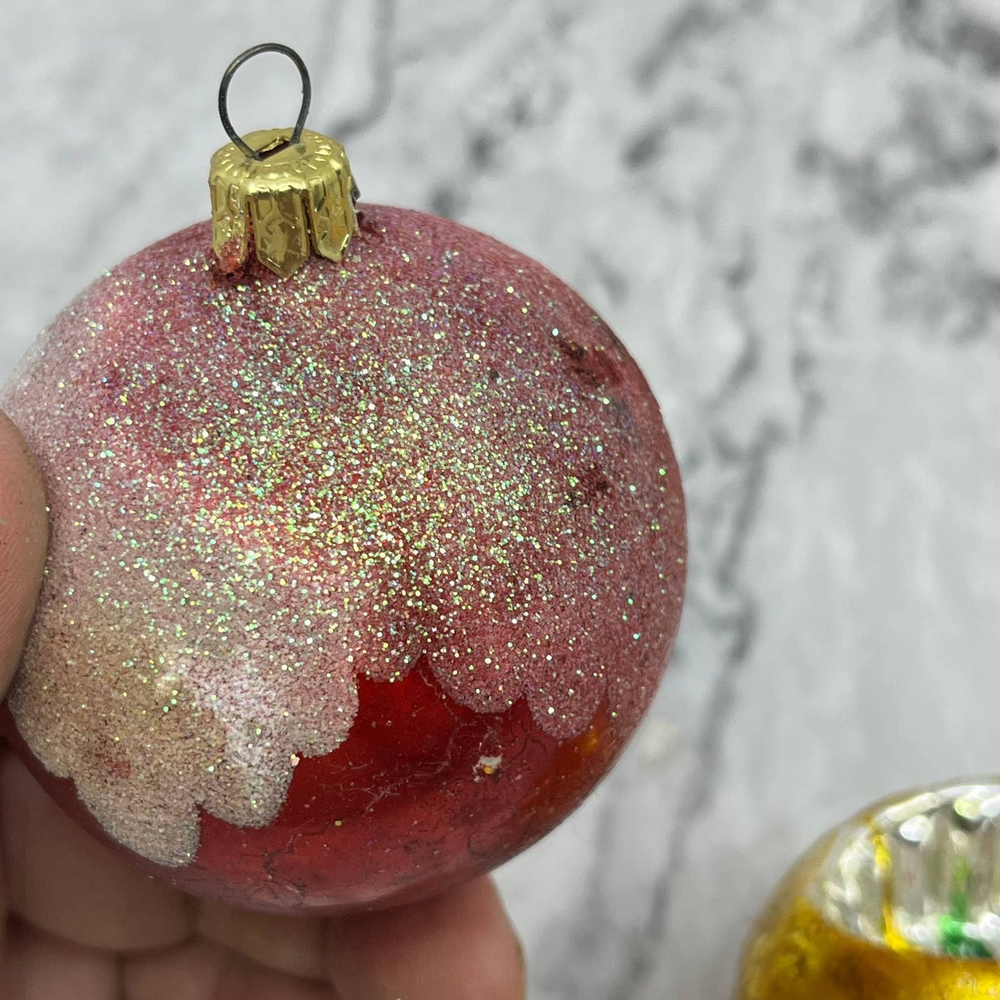 Vintage Lot of 2 Recessed Mercury Glass Ornaments Red Gold Mica OT1