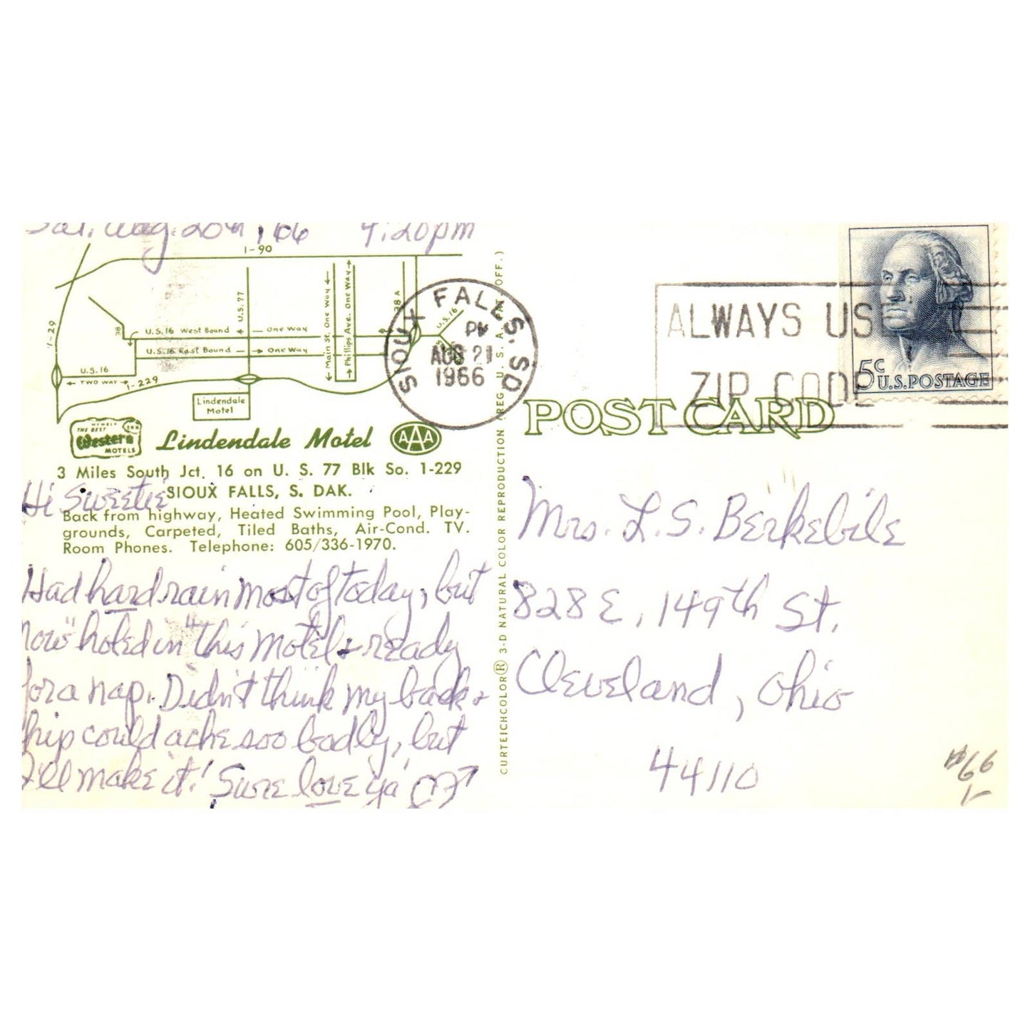 Lindendale Motel AAA Sioux Falls South Dakota 1966 - Postcard TJ8-1