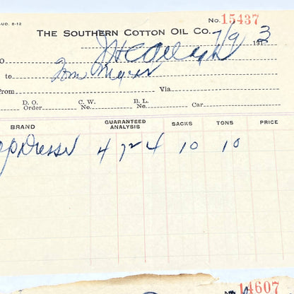 1913 Southern Cotton Oil Company Letterhead Receipt Allendale SC Set of 2 AC3-1