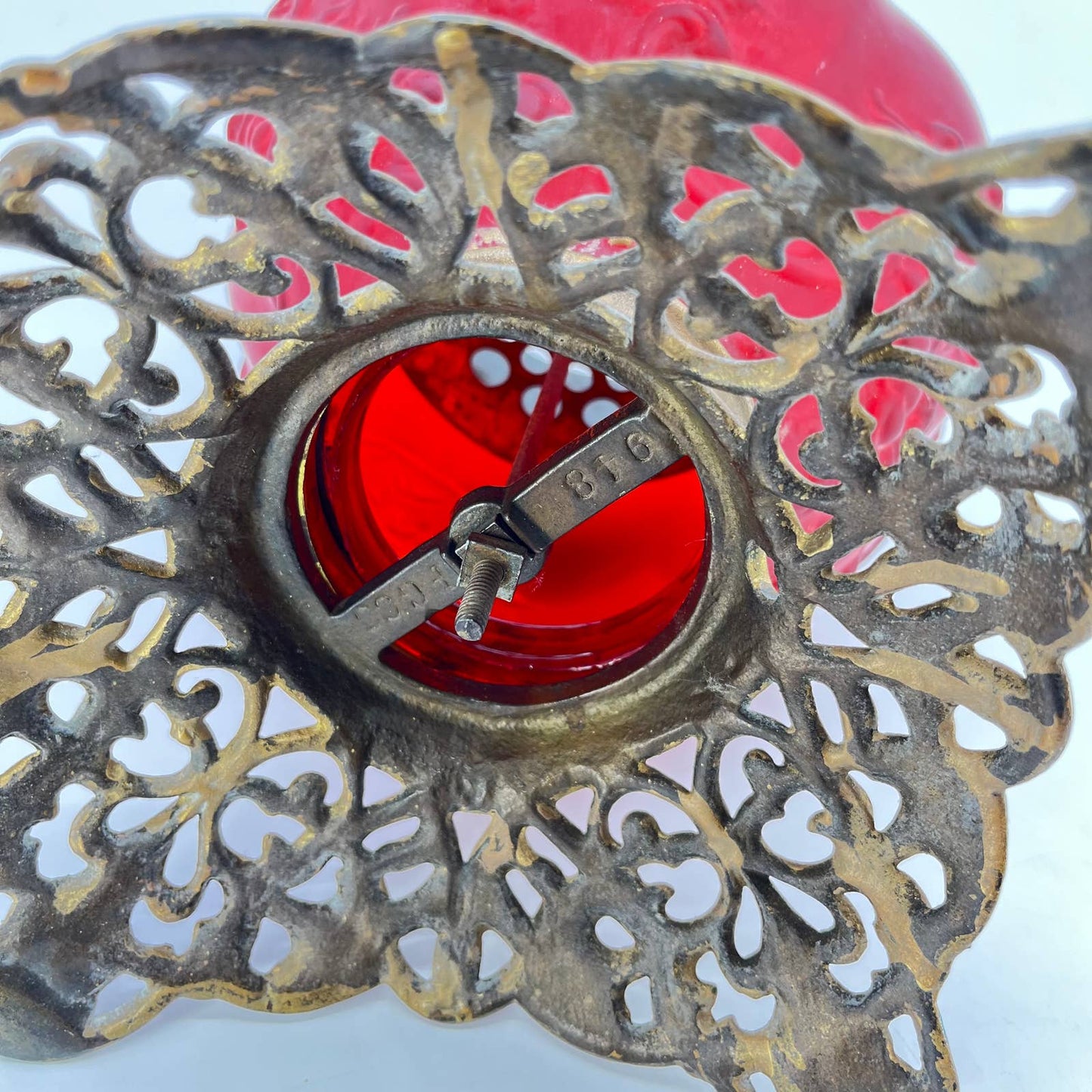 Antique Red Satin Glass and Brass Gone With the Wind Lamp Base LB3