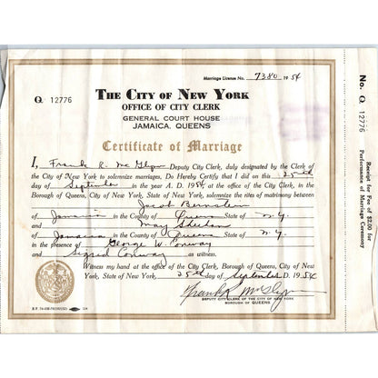 1954 Certificate of Marriage Jamaica Queens NY Jacob Bernstein Sigrid Conway AD4