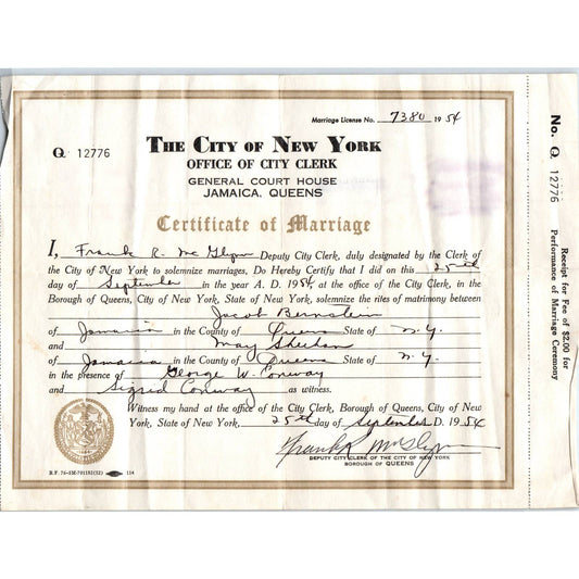 1954 Certificate of Marriage Jamaica Queens NY Jacob Bernstein Sigrid Conway AD4
