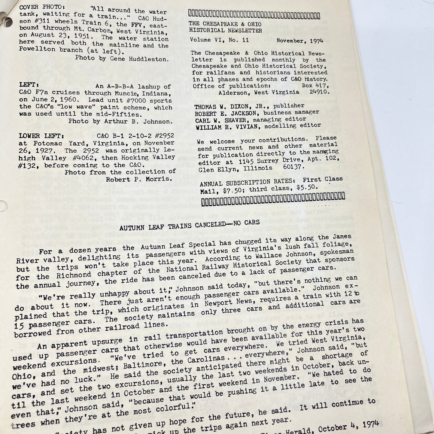 1974 Nov Chesapeake and Ohio Historical Newsletter C&O RR Thomas Dixon WV M1-2