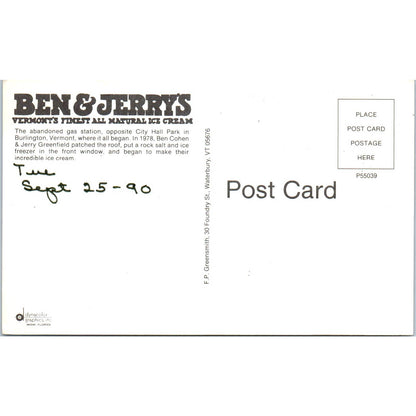 Ben & Jerry's Ice Cream Burlington Vermont - Original Postcard TJ7-RP2