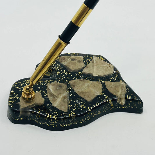 MCM Mod Desktop Pen Holder Lucite Fossil Chunk Black & Gold TA9