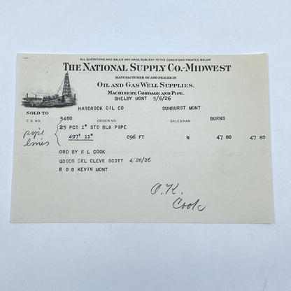 1926 National Supply Co Midwest Oil & Gas Supplies Letterhead Shelby MT AB5