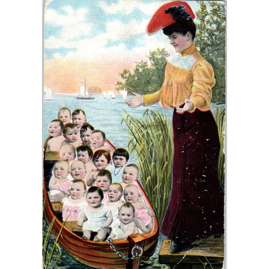 Victorian Woman With Multiple Babies in a Canoe 1910 Original Postcard TK1-24