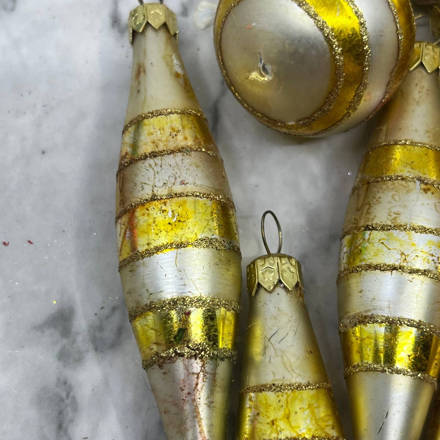 Vintage Lot of 11 Small Mercury Glass Ornaments White Gold Mica OT1