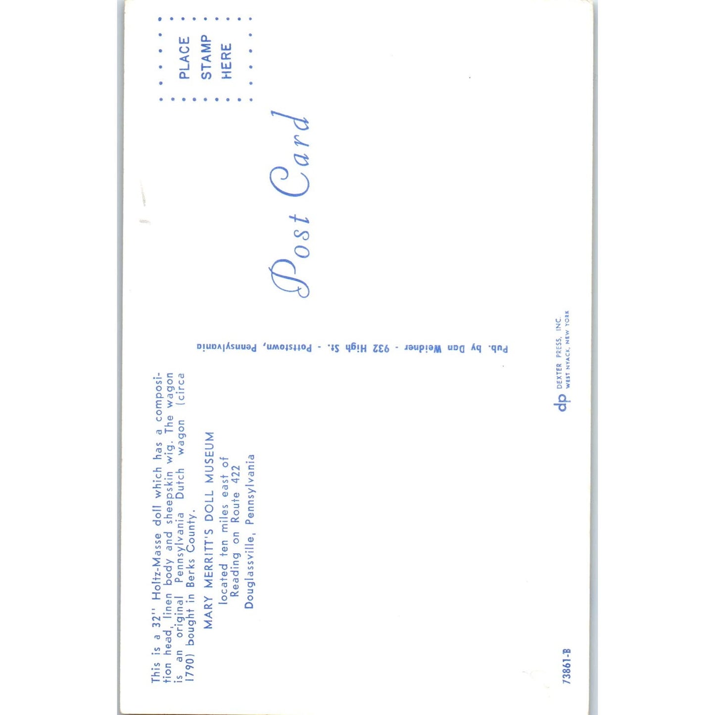 Holtz-Masse Doll Mary Merrit's Doll Museum Douglassville Original Postcard PB6