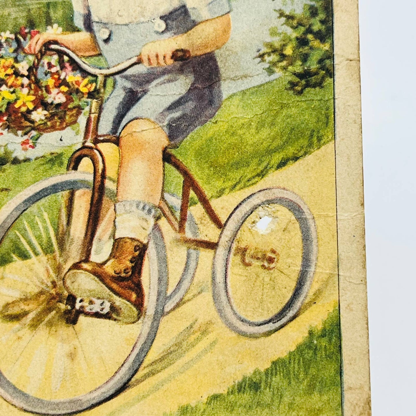 1910s Birthday Post Card Blue Boy Riding Tricycle Bouquet Flowers PA5