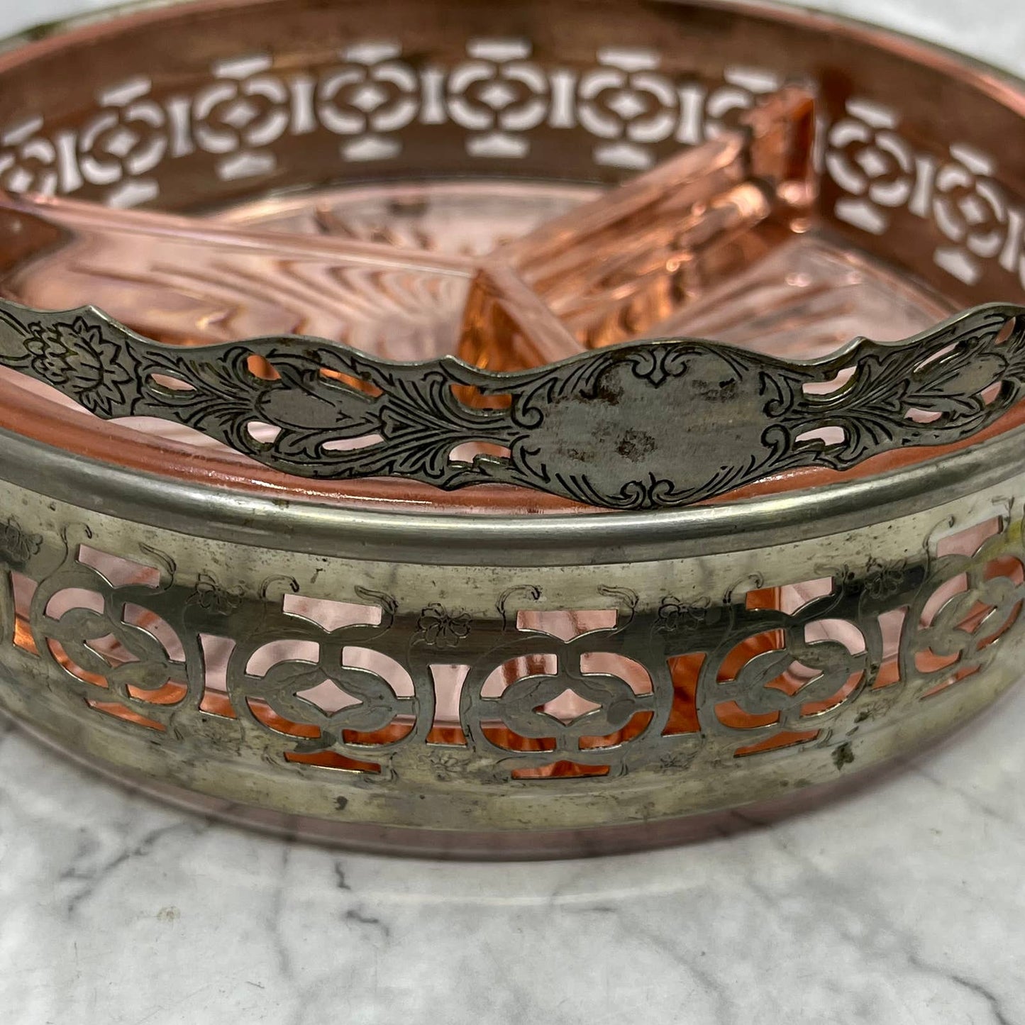 Vintage Pink Depression Glass Dish 3 Part Divided Starburst Silver Caddy 7” TB6