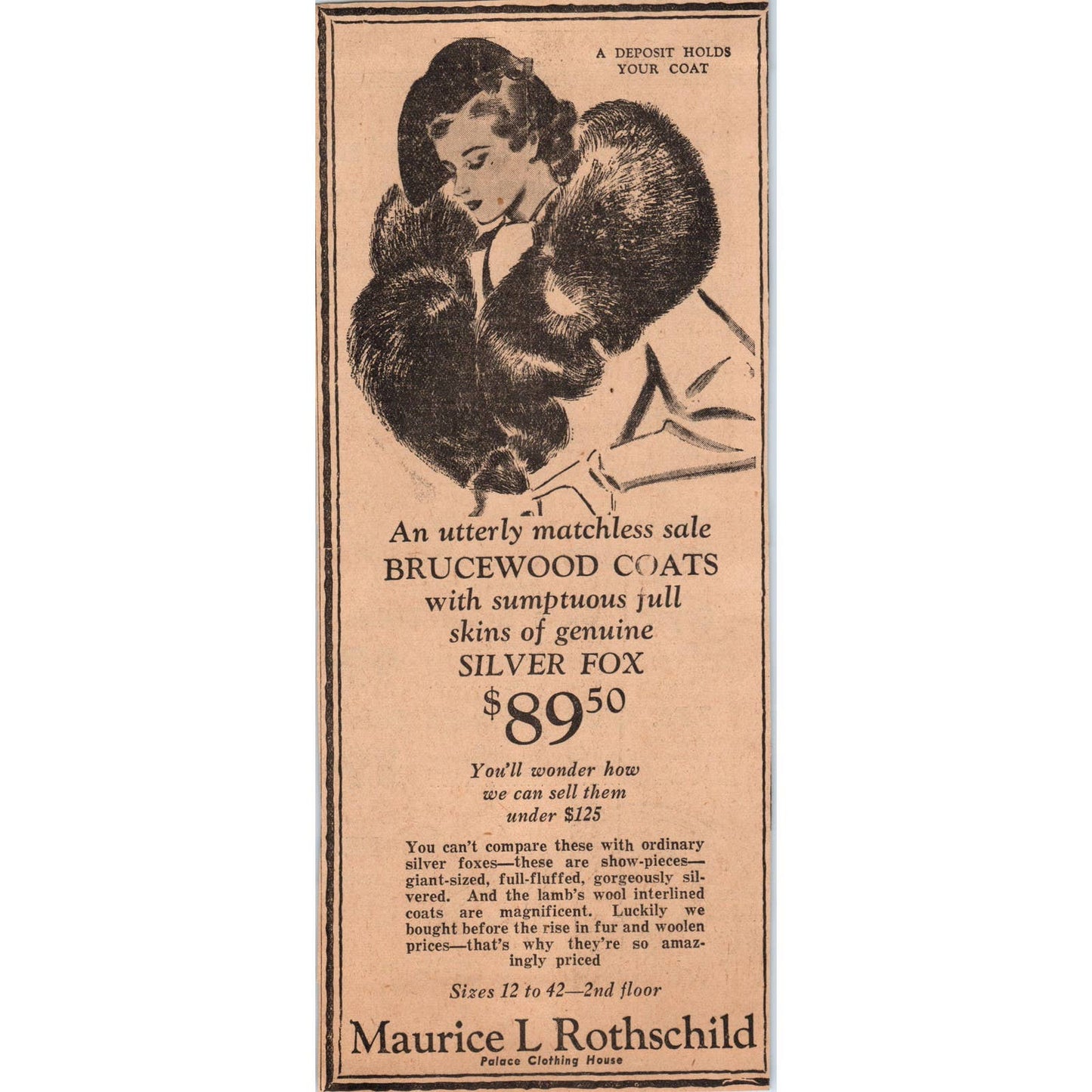 1935 Mpls Newspaper Ad Maurice L Rothschild Brucewood Silver Fox Coats FL5-3