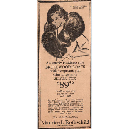 1935 Mpls Newspaper Ad Maurice L Rothschild Brucewood Silver Fox Coats FL5-3