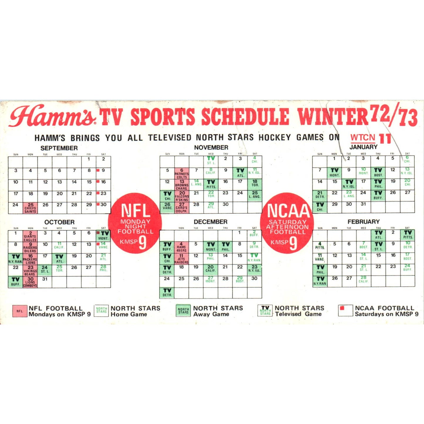 1972-73 Schedule Winter Sports North Stars Vikings Gophers Hamms TK1-P3