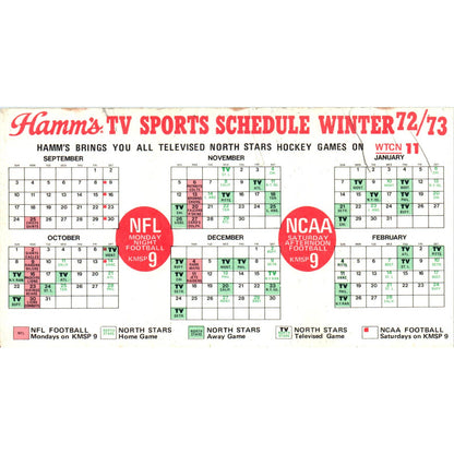 1972-73 Schedule Winter Sports North Stars Vikings Gophers Hamms TK1-P3