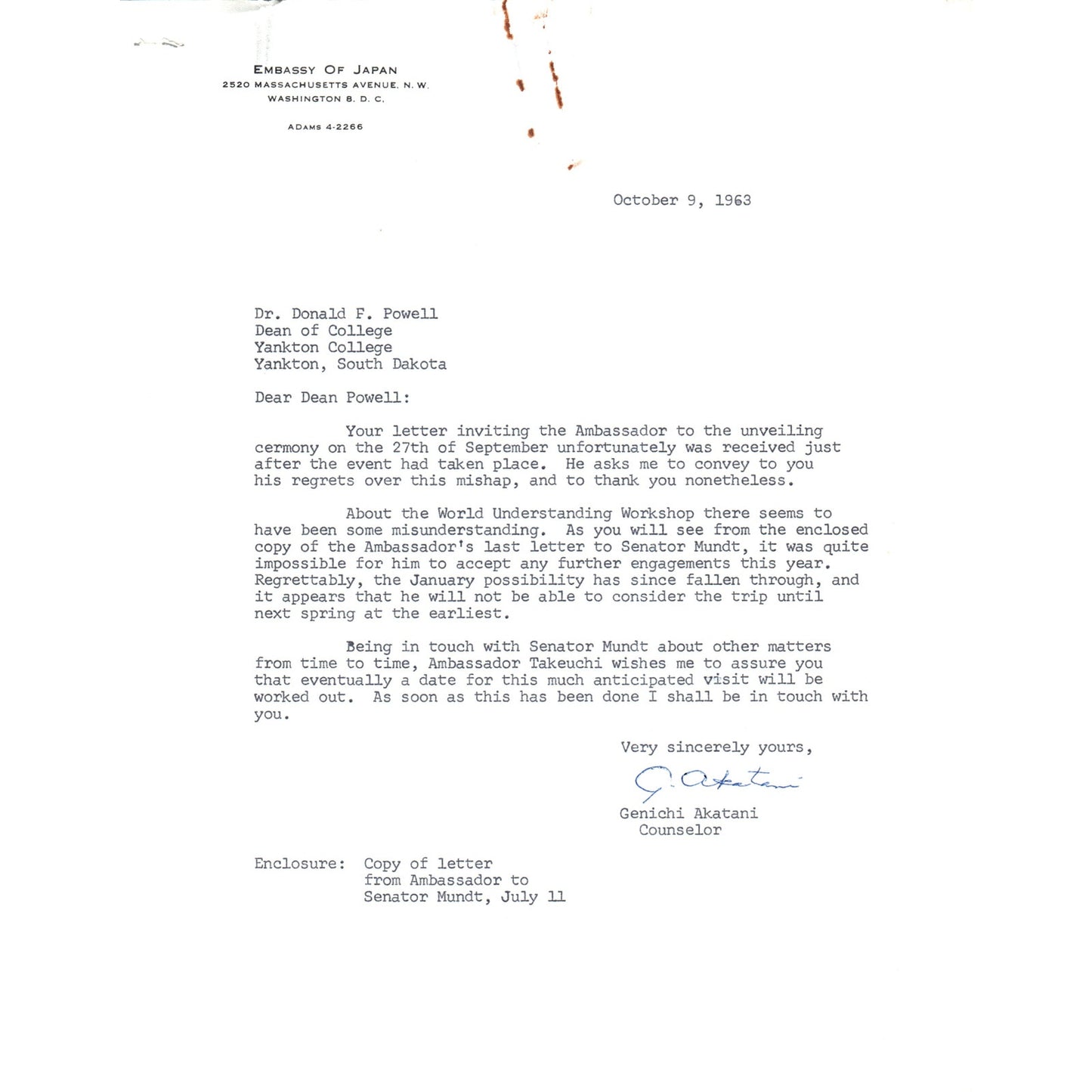 Embassy of Japan Letterhead Memo Genichi Akatani 10/9/63 B14
