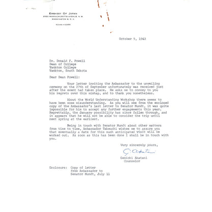 Embassy of Japan Letterhead Memo Genichi Akatani 10/9/63 B14