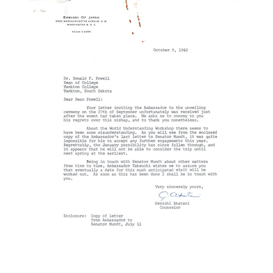 Embassy of Japan Letterhead Memo Genichi Akatani 10/9/63 B14