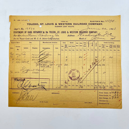 1903 Toledo, St. Louis & Western Railroad RR Statement of Cars Repaired AA9