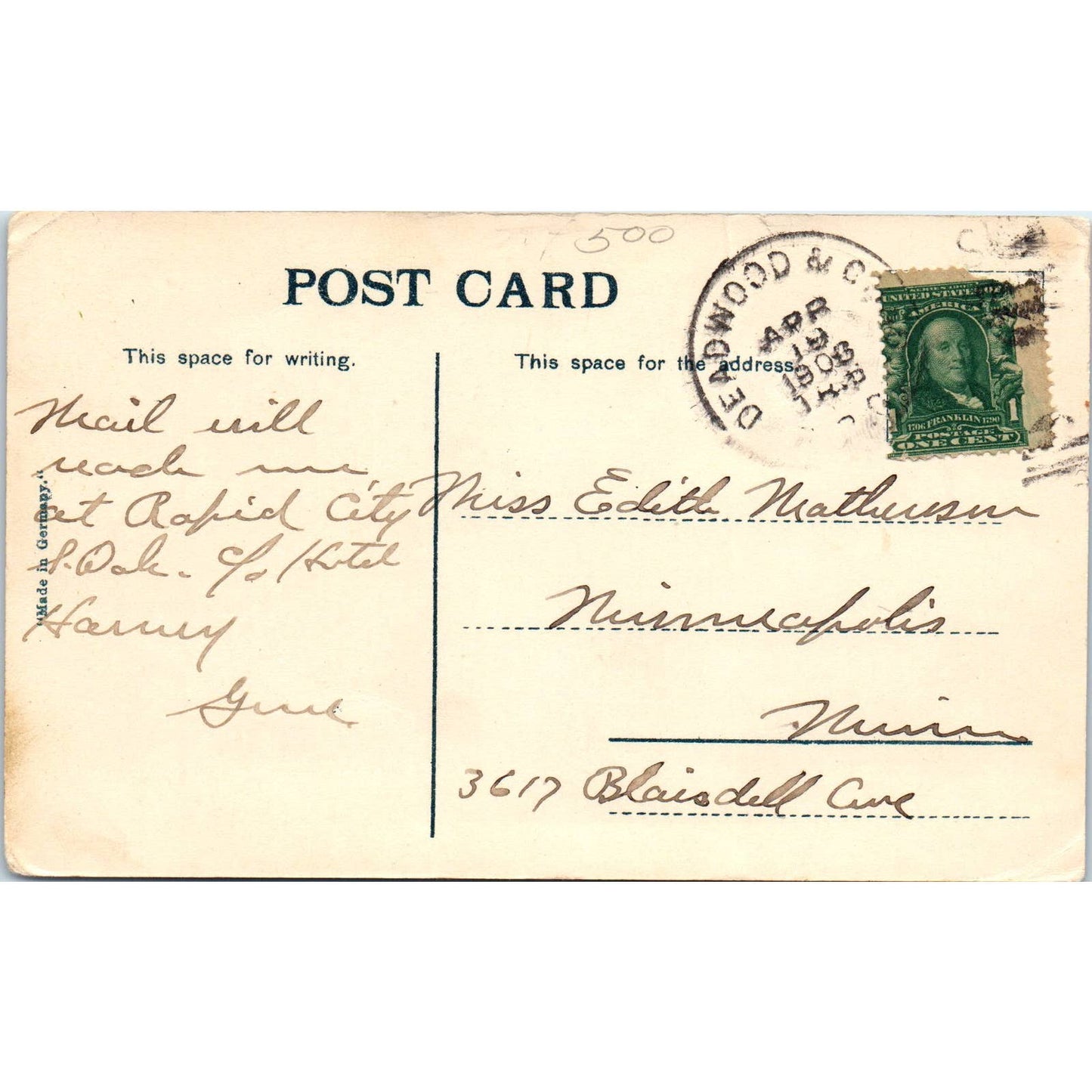 Scenic RR Near Deadwood South Dakota 1908 Original Postcard TK1-P1