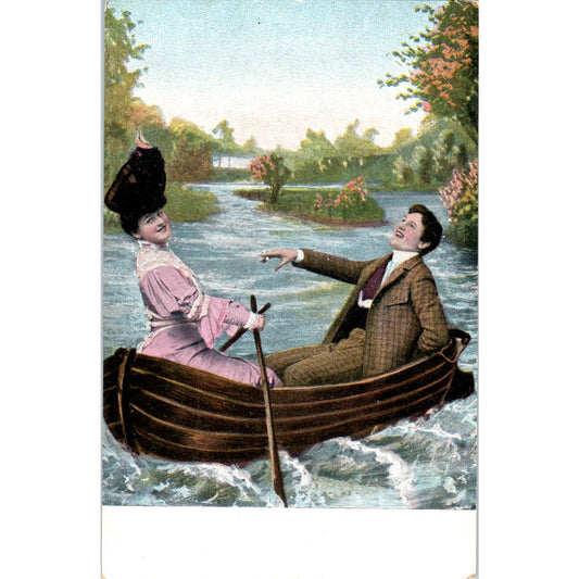 Victorian Romance Courting Couple in Rowboat 1910 Original Postcard TK1-21-1