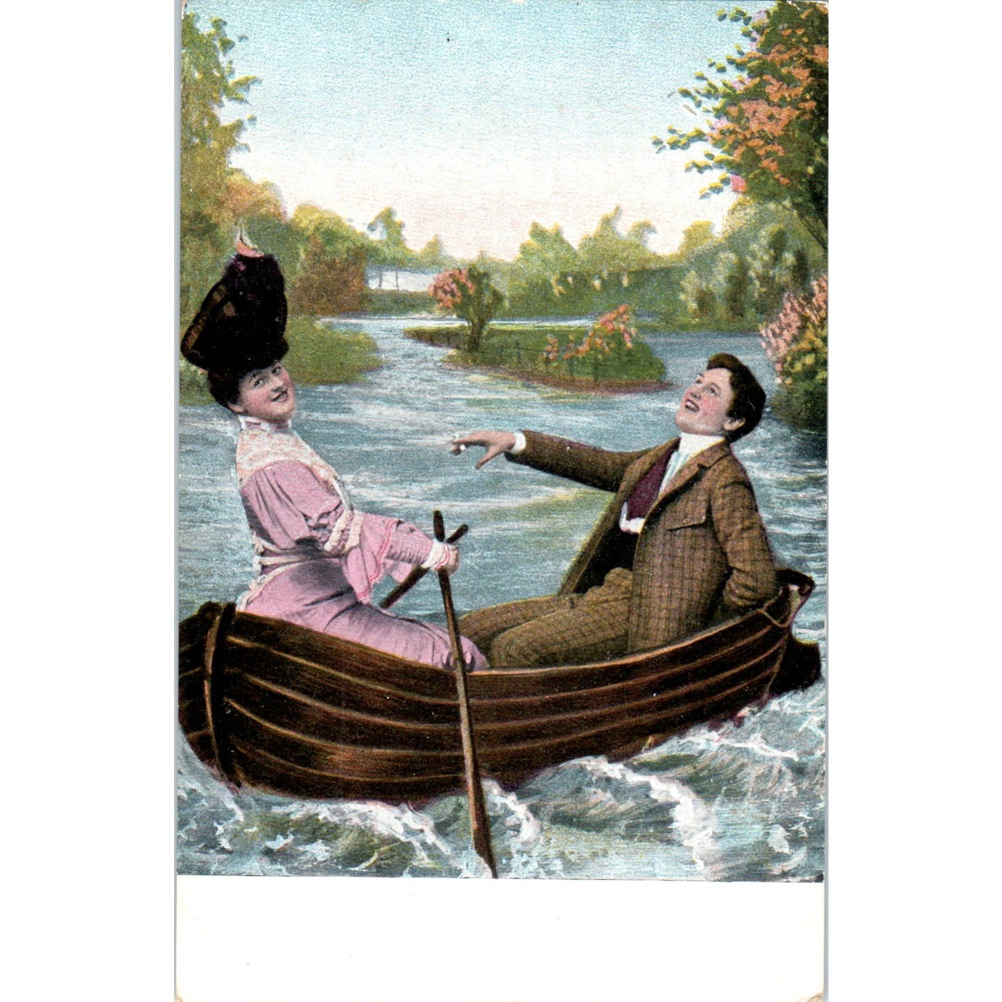 Victorian Romance Courting Couple in Rowboat 1910 Original Postcard P2-1