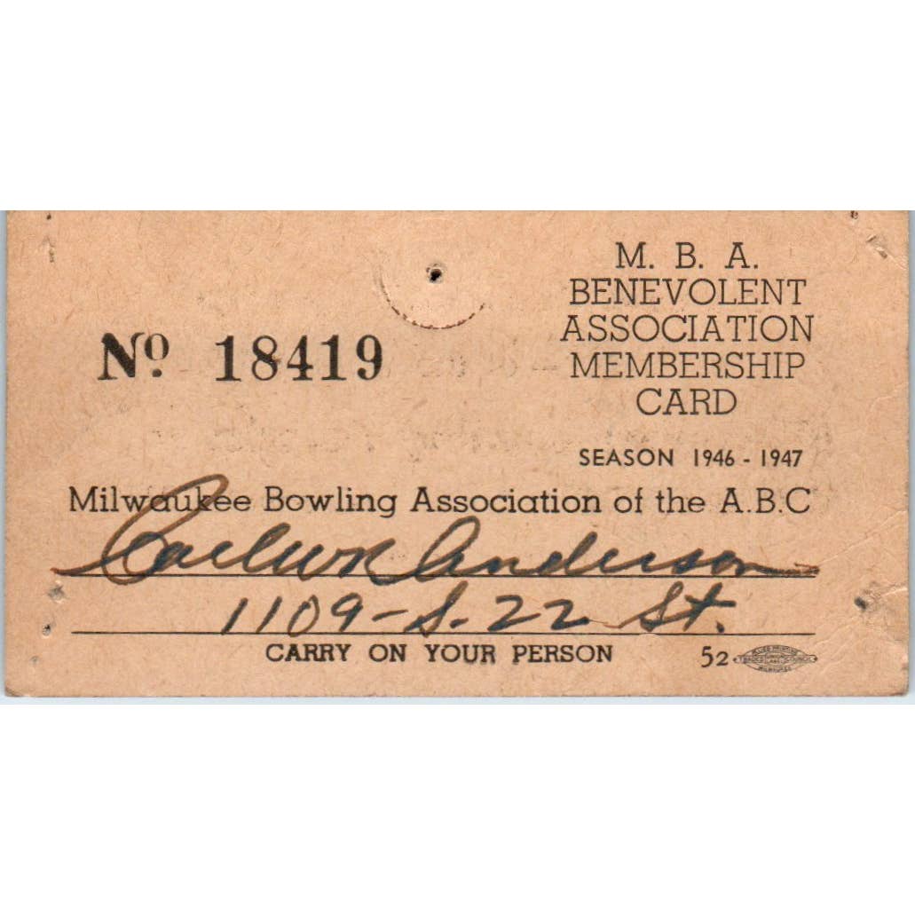 1946 Milwaukee Bowling Association Membership Card Carl W. K. Anderson SE5-8