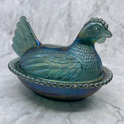 Vtg Nesting Hen Blue Carnival Glass Indiana Hen on Nest Candy Dish ~7x5" TI6