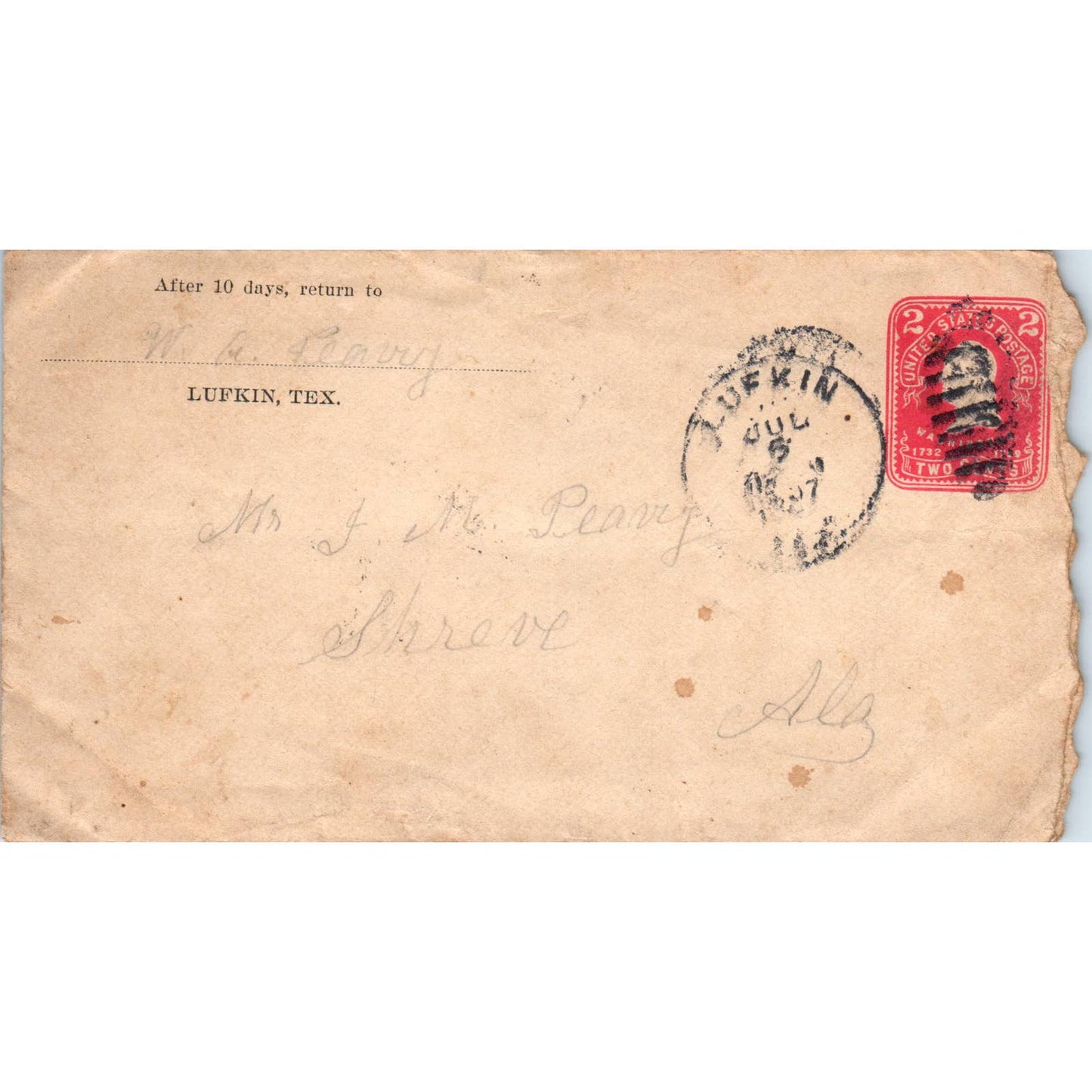 1907 Letter and Envelope W.M. Peavy Lufkin TX to J.M. Peavy Shreve AL AD6