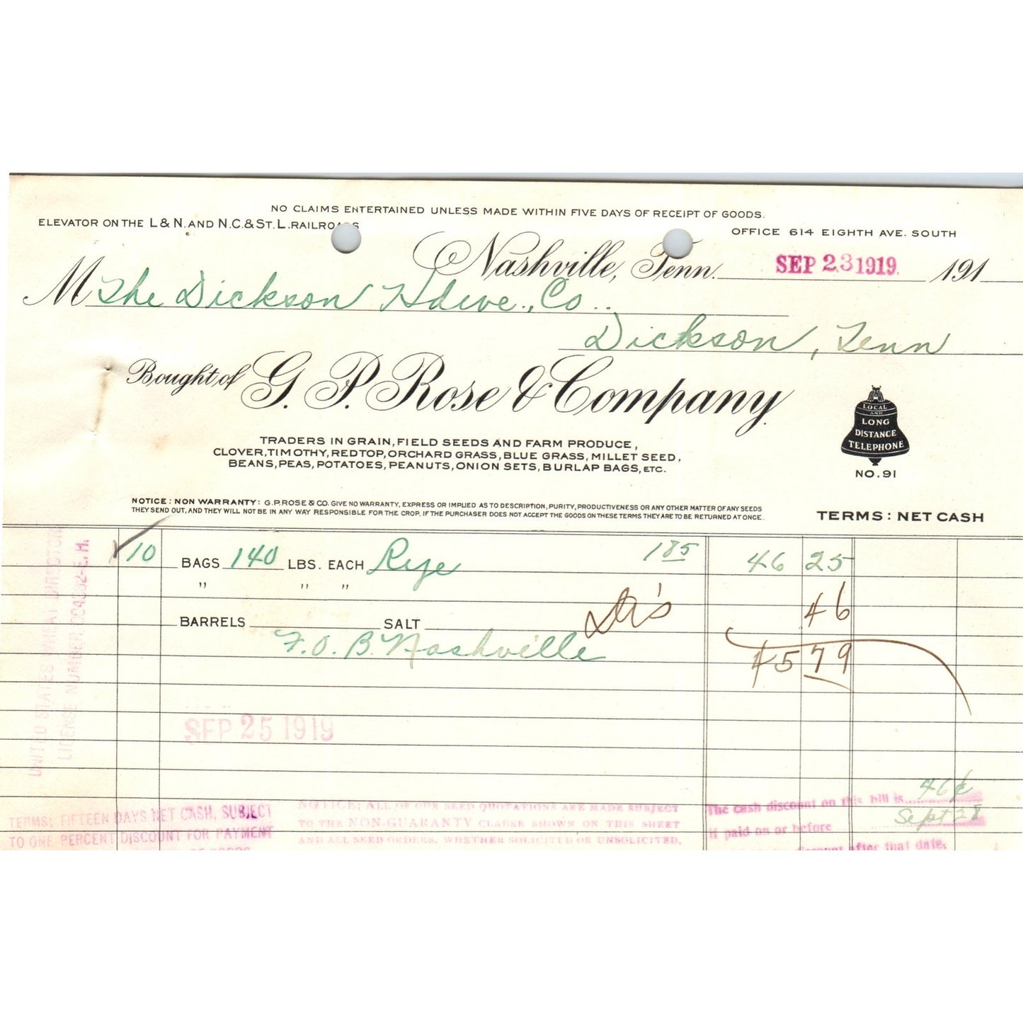 1919 G.P. Rose & Company Billhead Dry Goods Nashville TN B6