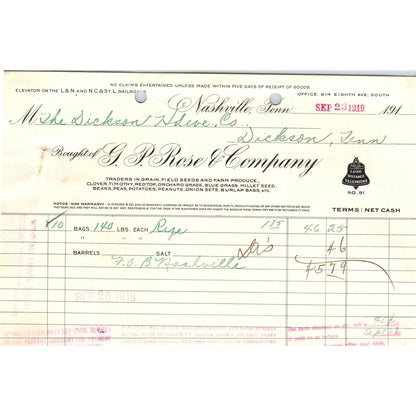 1919 G.P. Rose & Company Billhead Dry Goods Nashville TN B6