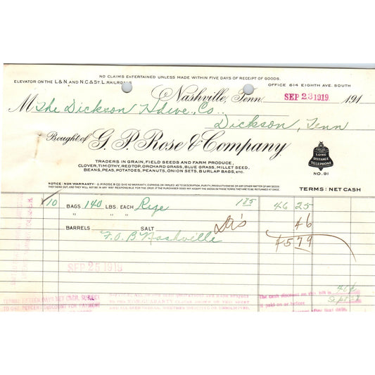1919 G.P. Rose & Company Billhead Dry Goods Nashville TN B6