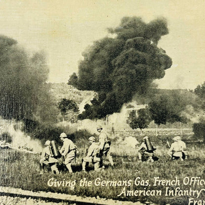 c1918 Postcard WWI French Officers & US Infantry Giving Germans Mustard Gas PA9