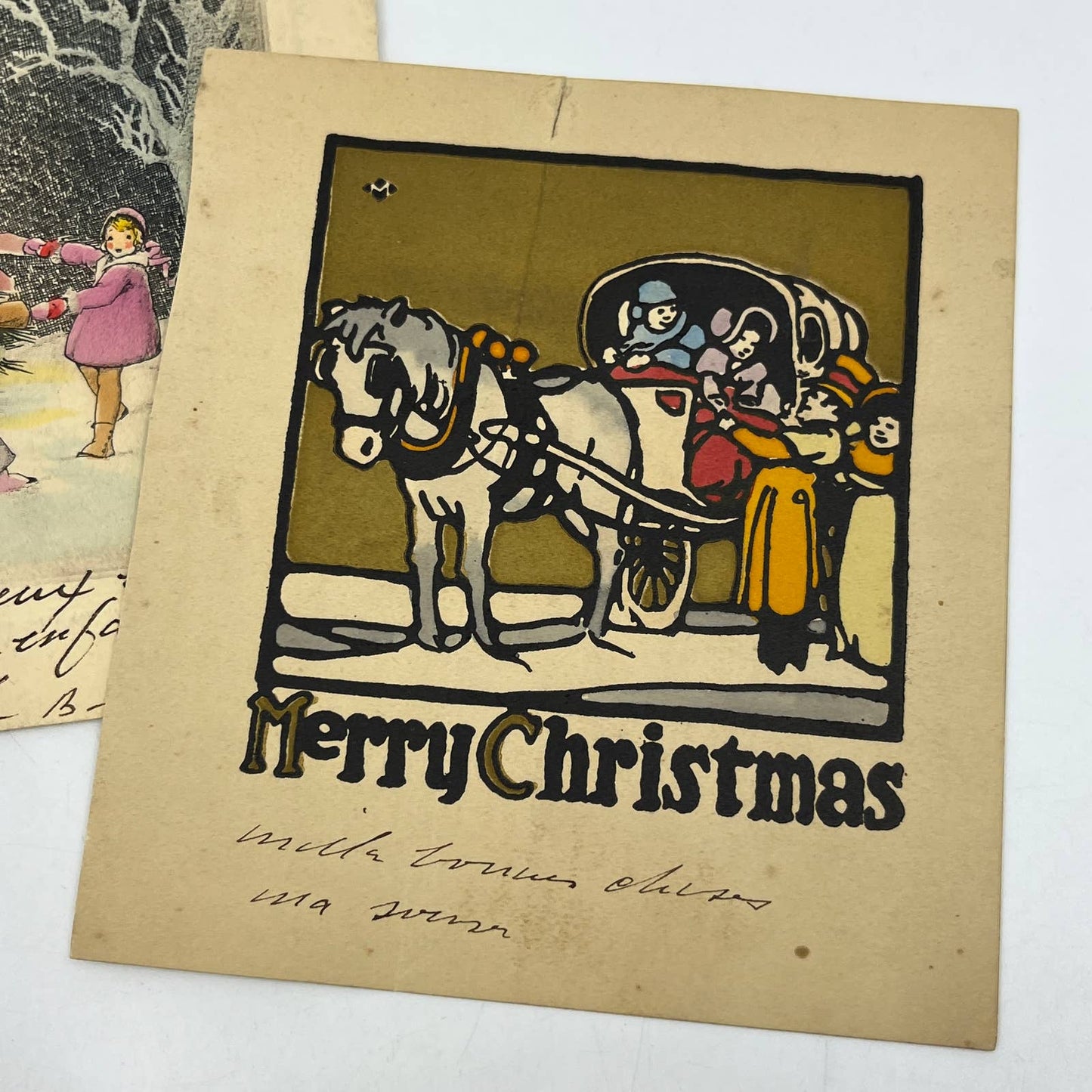 c1930 Lot of 3 Christmas Greeting Cards Horse & Buggy Candlelit Tree AC8