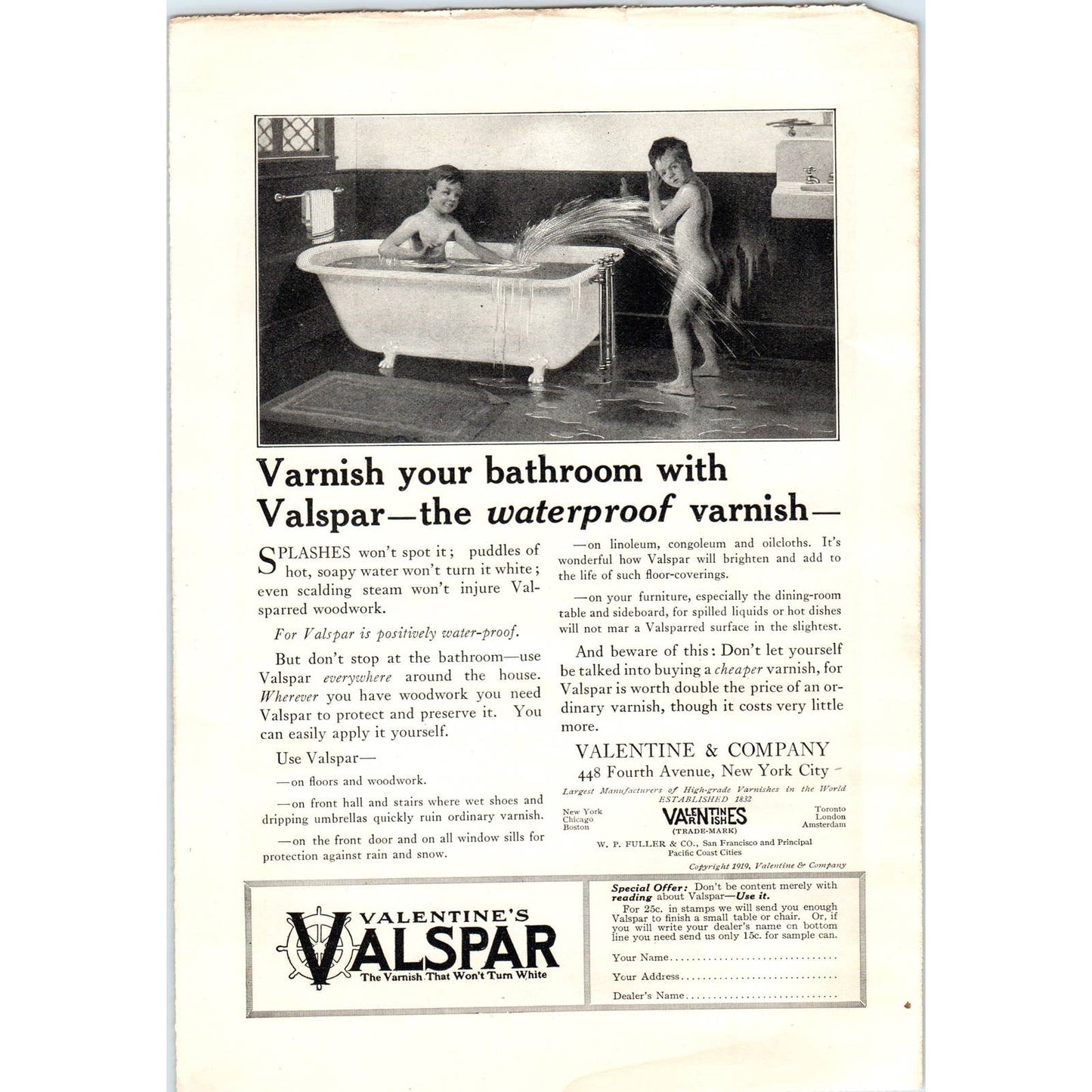 c1920 Harper's Magazine Ad - Valentine's Valspar Waterproof Bathroom Varnish EA3