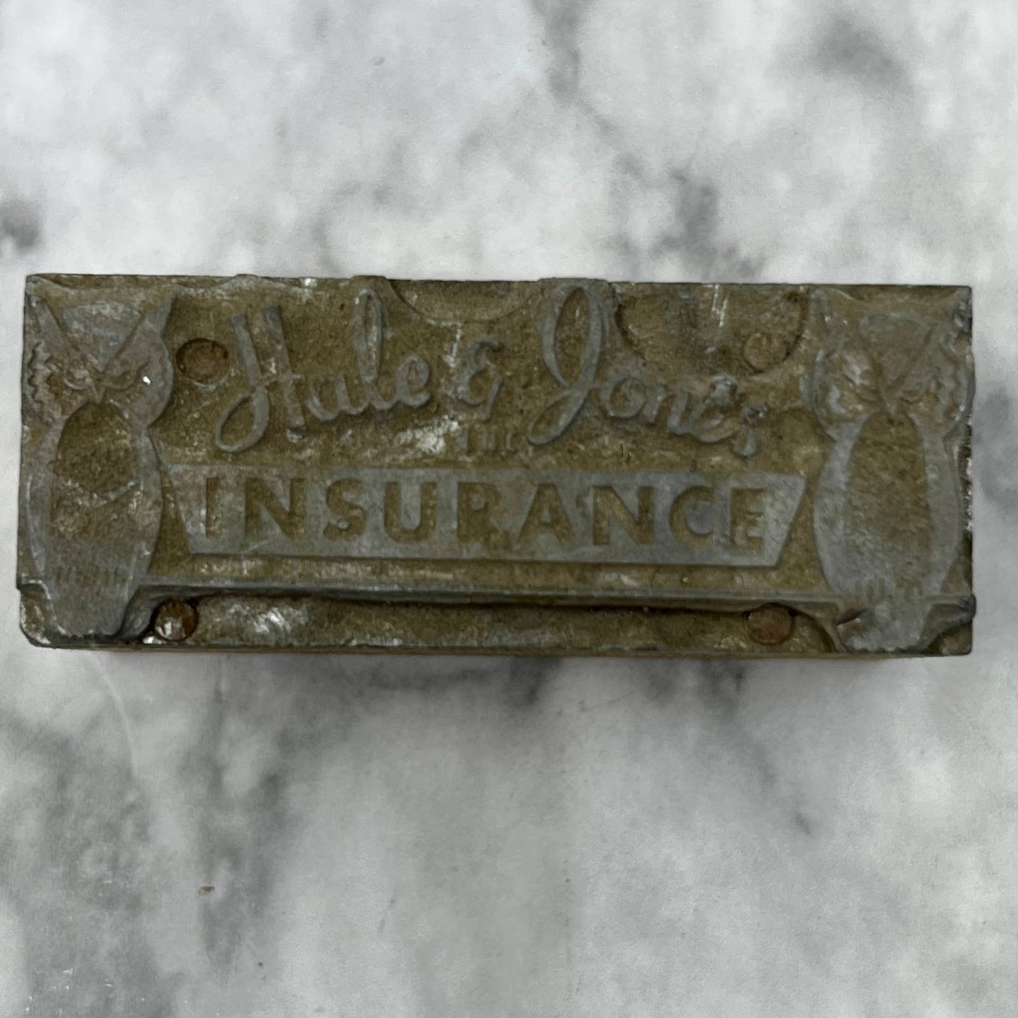 Vintage Letterpress Printers Block Plate Hale & Jones Insurance OWLS TJ513