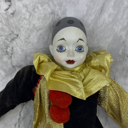 Madame Verte Large Musical Clown Pierrot Harlequin Doll Porcelain Sankyo 18”