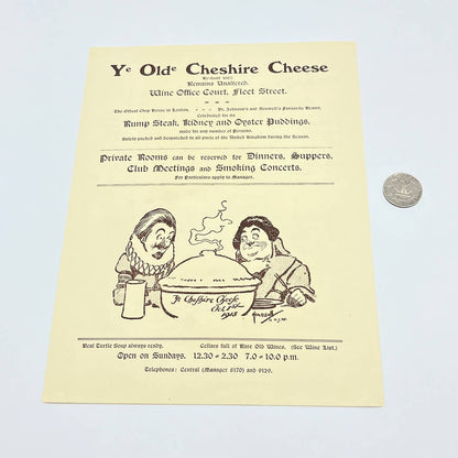 1957 Ye Olde Cheshire Cheese Restaurant Menu Fleet Street London England FL3