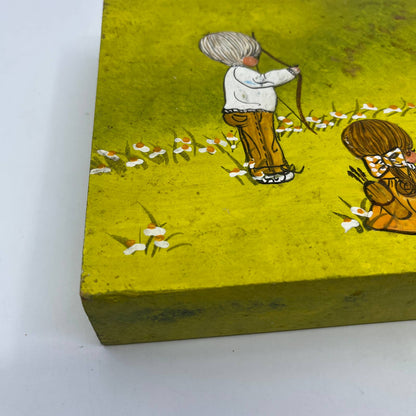 1970s Kitsch Wooden Block Painting Girl & Boy Archery Raised Paint 7x12 TG7