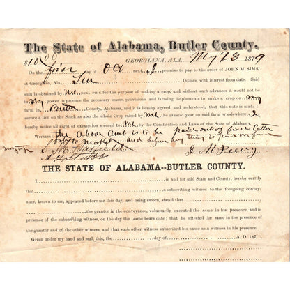 1879 State of Alabama Butler County Promissory Note Loan Agreement Georgian AD6