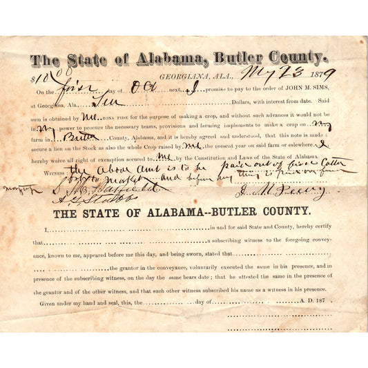 1879 State of Alabama Butler County Promissory Note Loan Agreement Georgian AD6