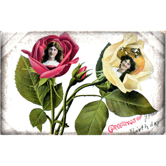 Birthday Face in Flower Roses c1910 Original Postcard P1-12