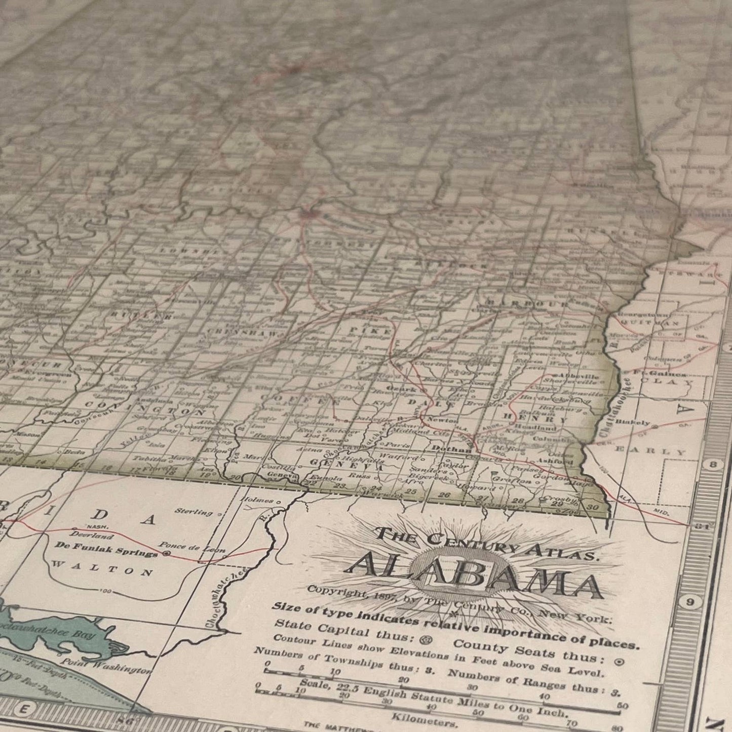 Antique 1897 The Century Atlas Map of ALABAMA Color Engraved 12.5 x 17” FL5