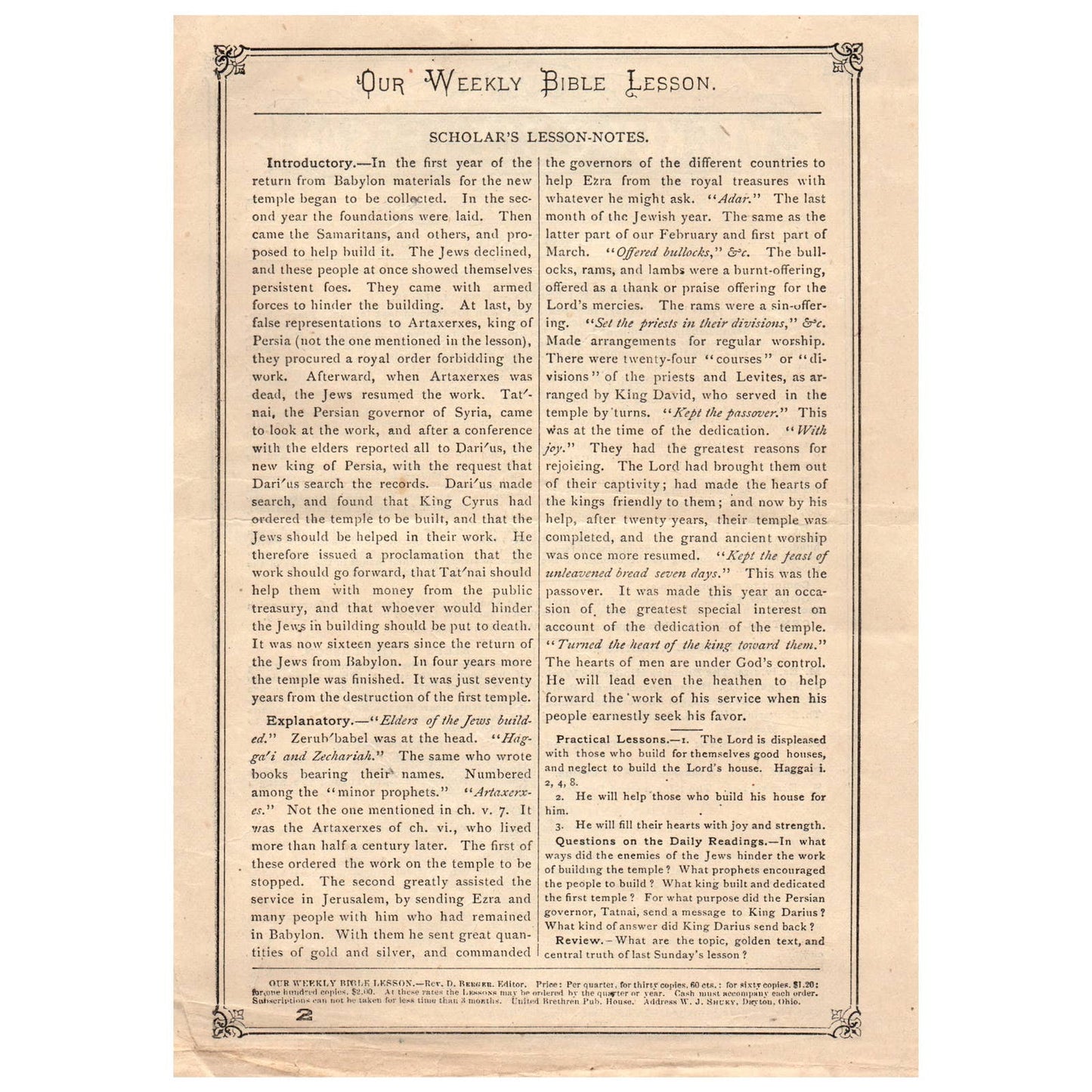 Original 1879 Weekly Bible Lesson Leaf W.J. Shuey Dayton OH Ezra vi. 14-22 AD8