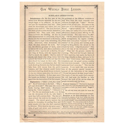 Original 1879 Weekly Bible Lesson Leaf W.J. Shuey Dayton OH Ezra vi. 14-22 AD8